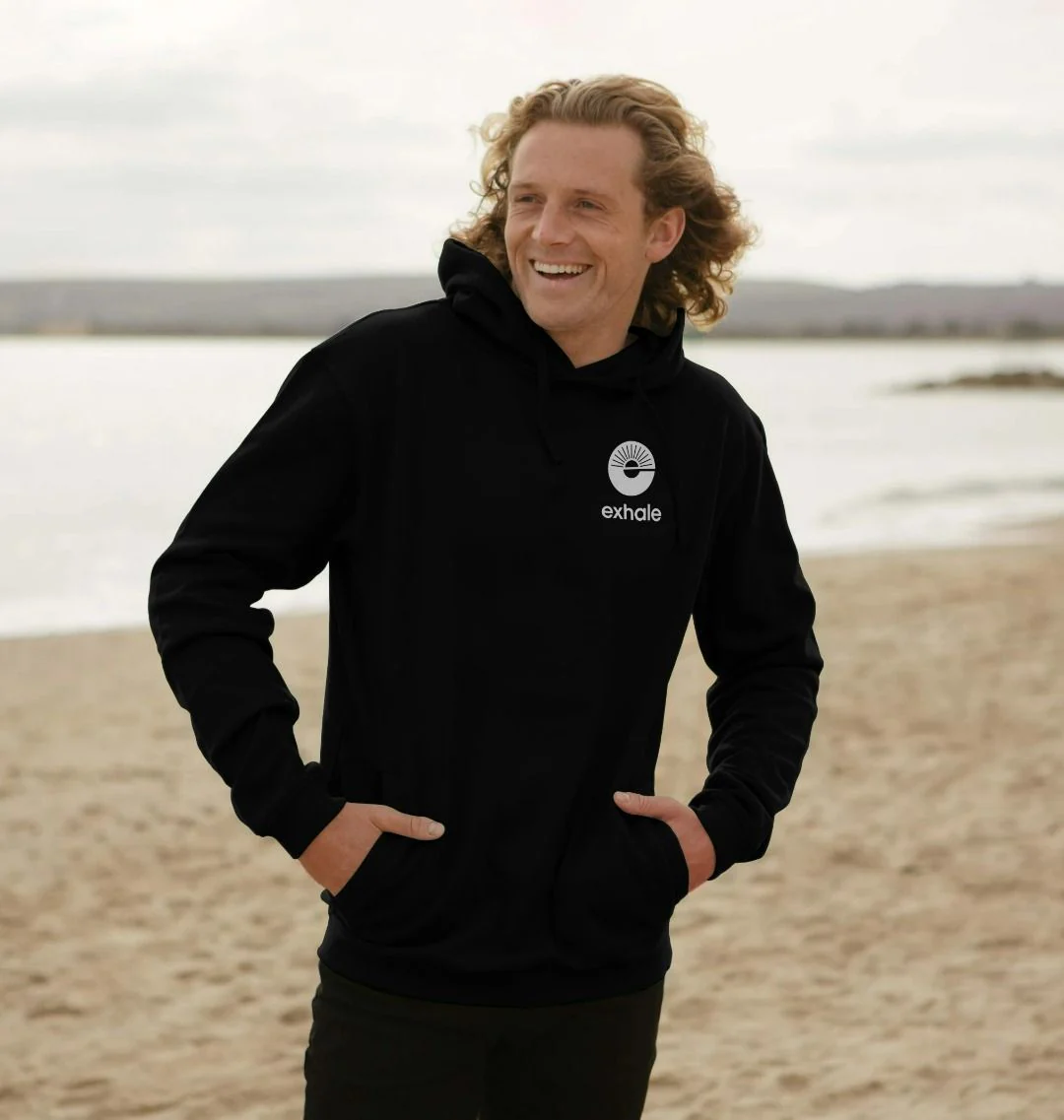 Exhale white logo on a black hoodie - Image 3